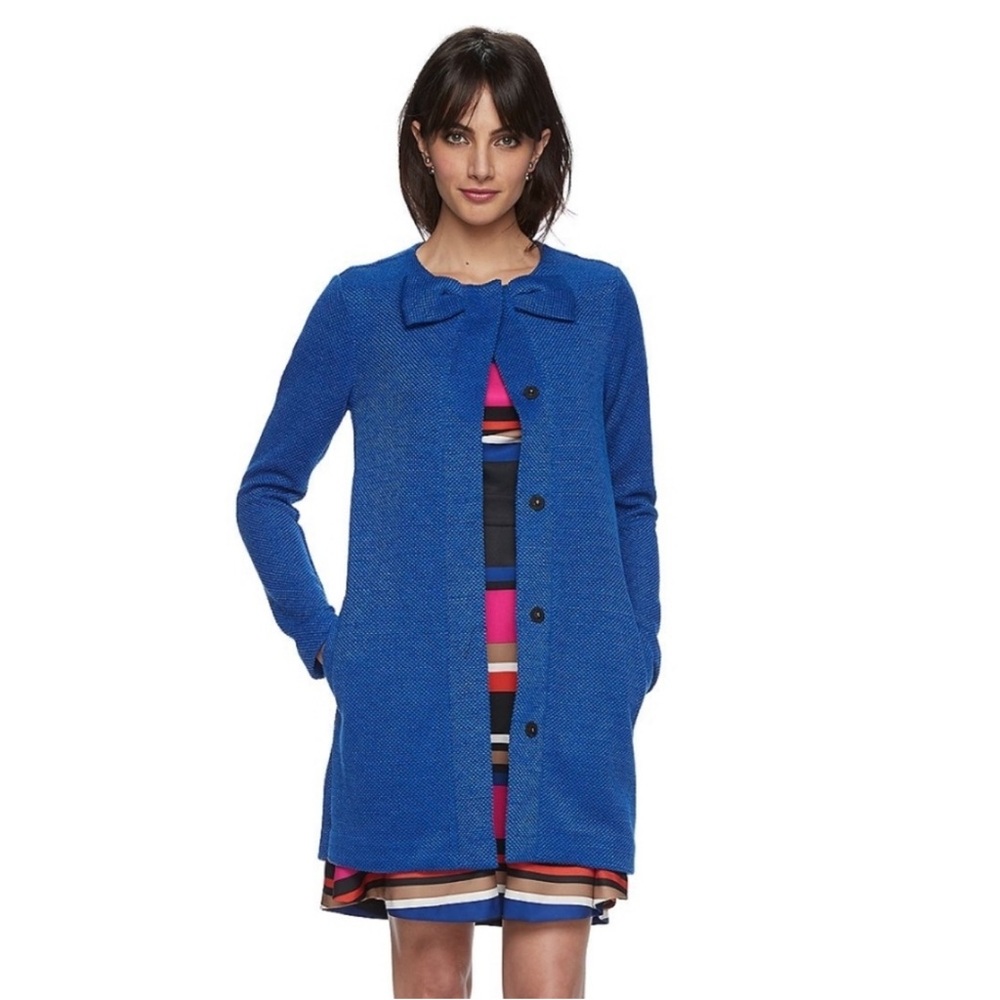 Elle Solid Bow Coat Vintage  Blue Knit Bow Snap Button Down Sweater Jacket